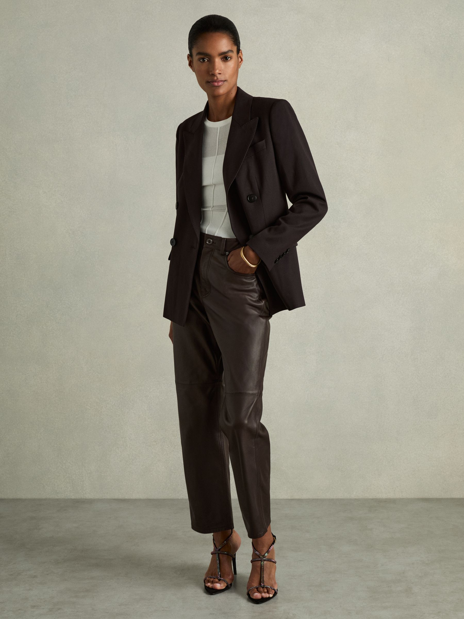 Leather Slim-Leg Trousers in Chocolate