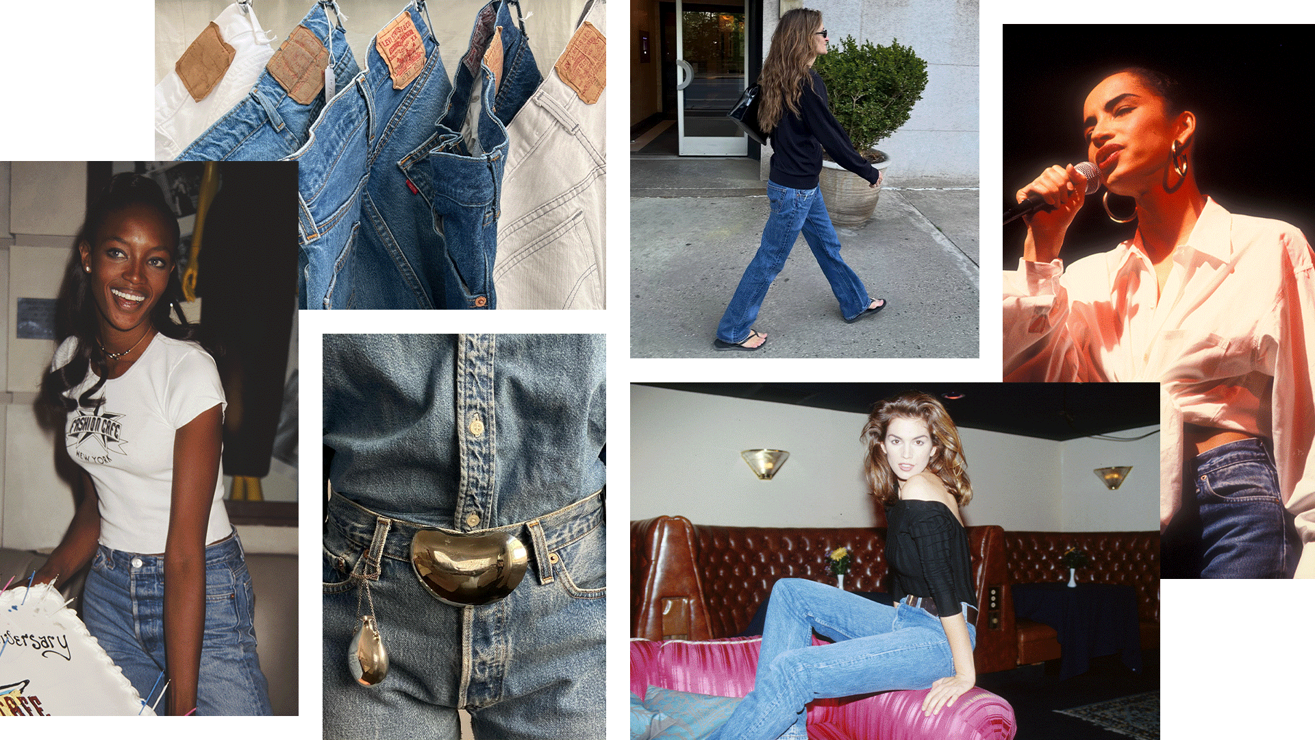 A collage featuring celebrities, models, and tastemakers wearing Levi's 501 jeans.