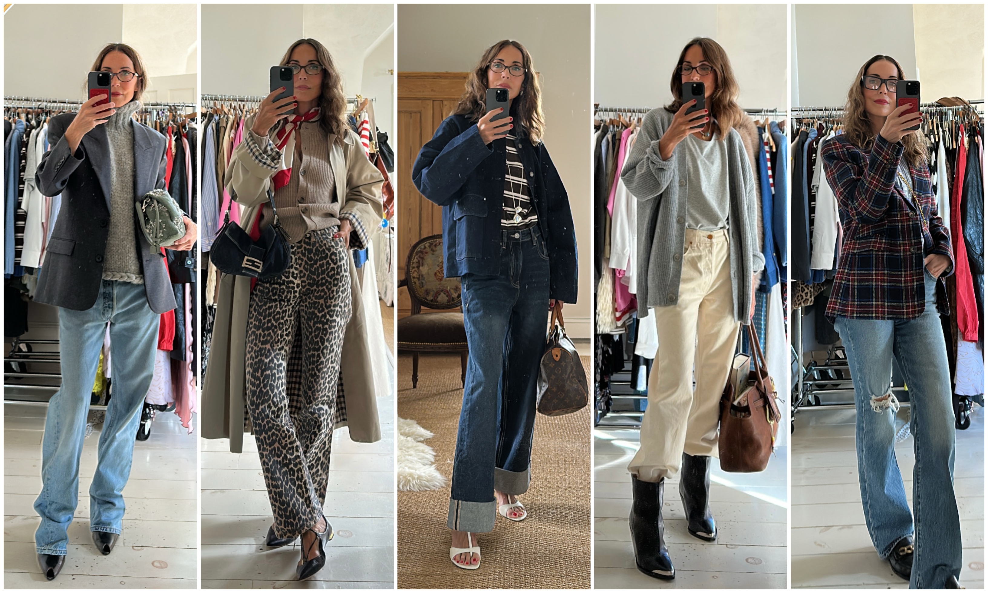 Larissa Mills in mirror selfies wearing her favorite jeans, including blue jeans, cheetah print jeans, cuffed jeans, white jeans, and ripped jeans 