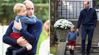 Prince William hugging Prince George and holding his hand