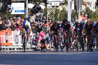 A crash involving Elia Viviani (Team Sky) and Mark Cavendish (Etixx-QuickStep) at the end of stage 2