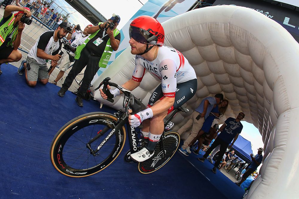 Simone Consonni (UAE-Team Emirates) gets underway for stage 3 at the Vuelta a San Juan