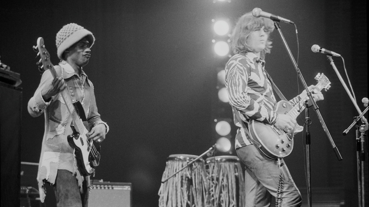 Bassist Gerald Johnson (left) and American guitarist and singer-songwriter Steve Miller performing with the Steve Miller Band at the Rainbow Theatre, London, 26th February 1972.
