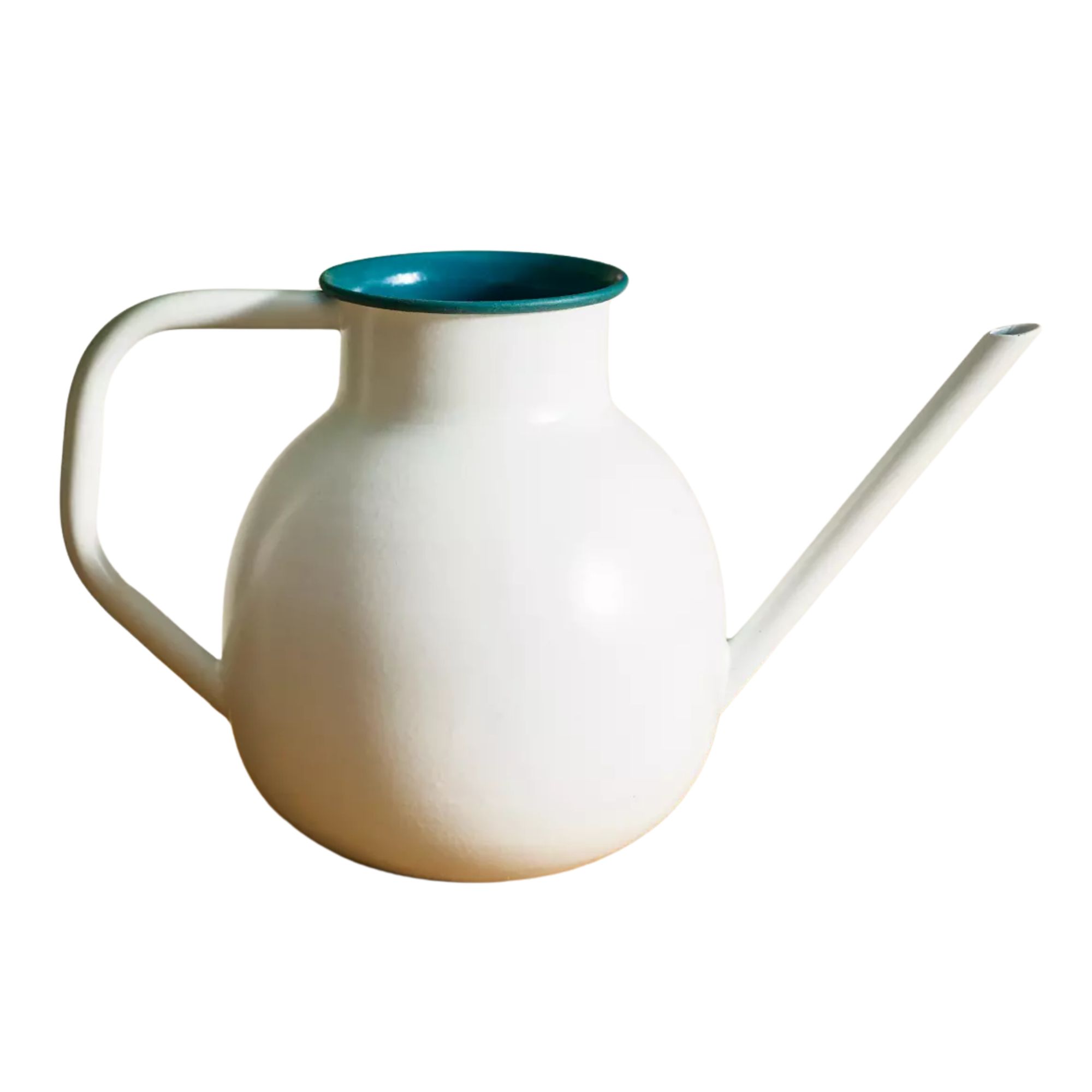 White enamel watering can with a green rim