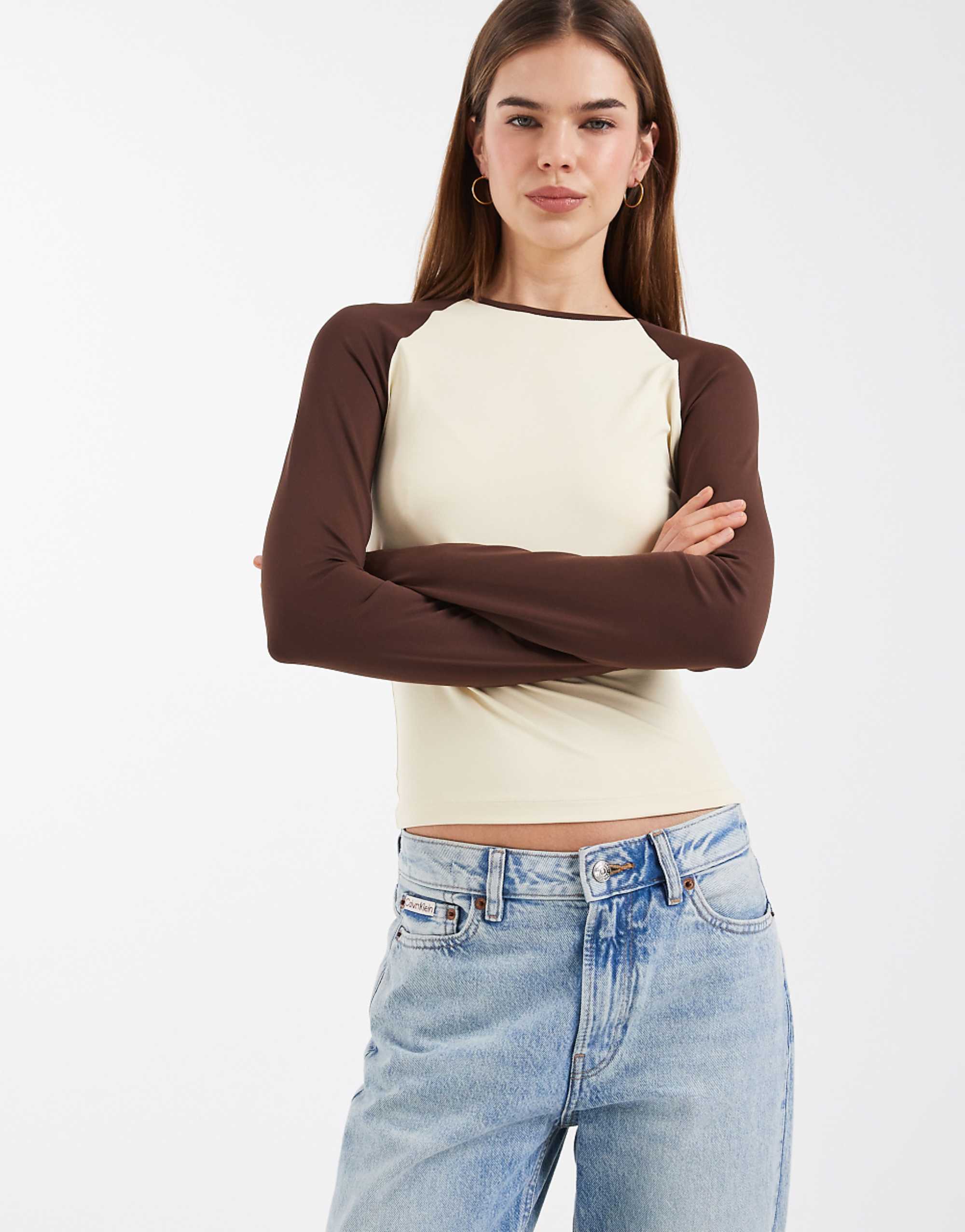 Asos Design Long Sleeve Contrast Top Buttermilk and Chocolate