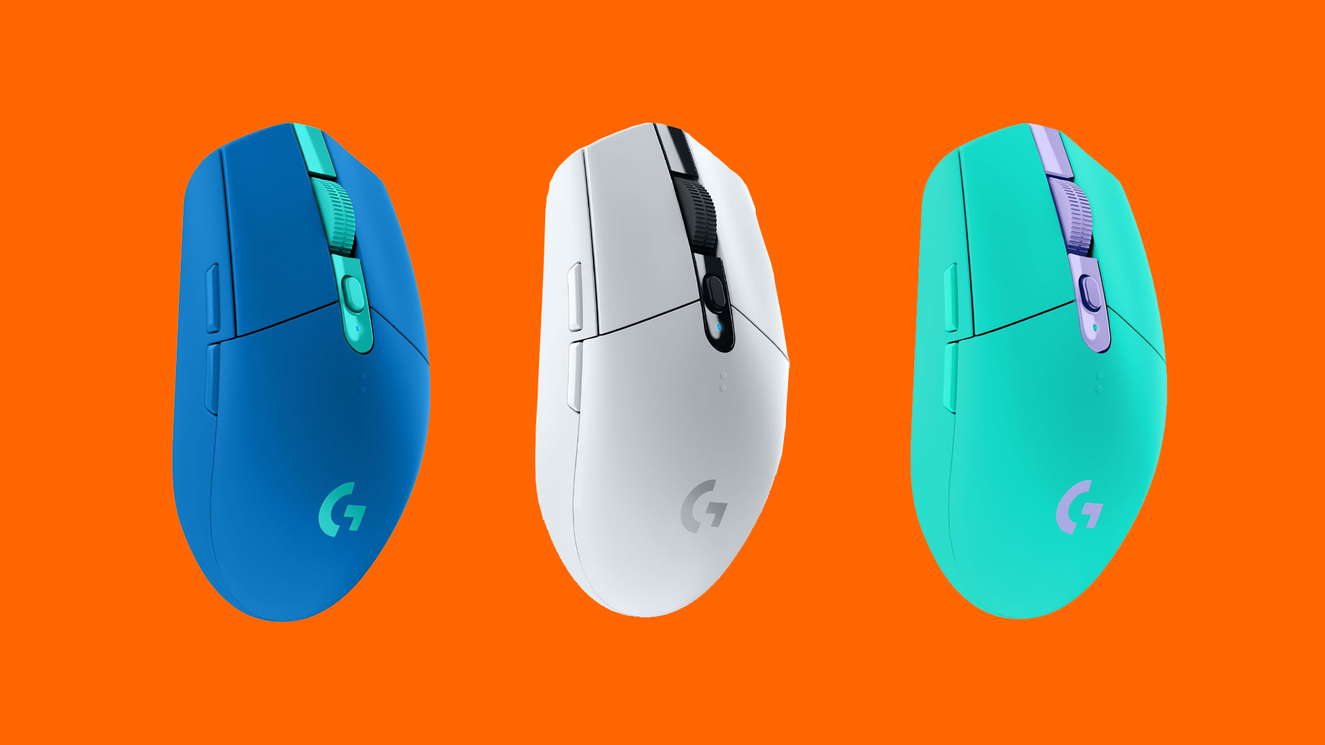 The Logitech G305 Lightspeed mouse in three colours on a bright orange background. 