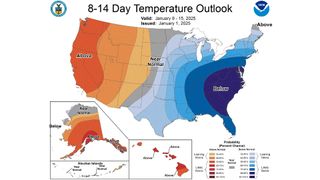 A temperature forecast map for Jan. 9 to Jan. 15 illustrating cold temperatures across the eastern U.S.