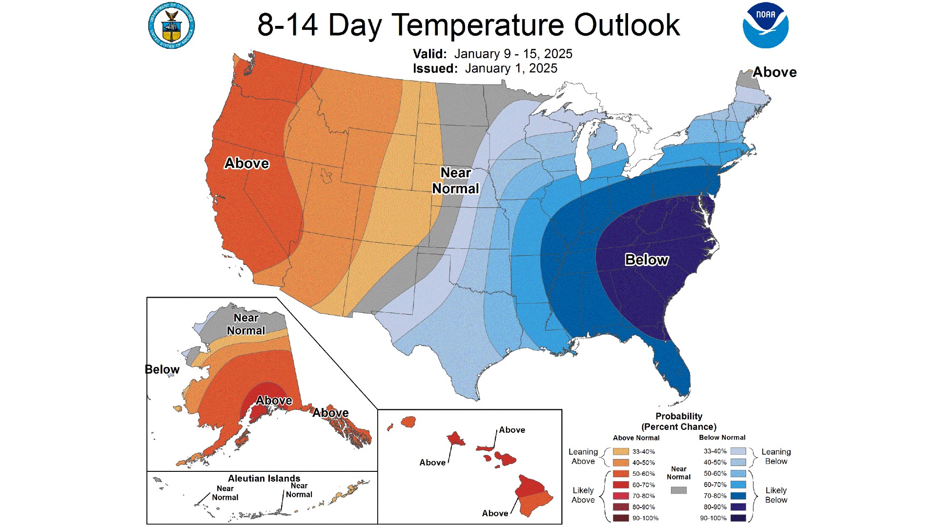 A temperature forecast map for Jan. 9 to Jan. 15 illustrating cold temperatures across the eastern U.S.