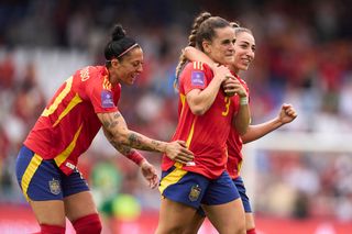 Spain women Olympics 2024 squad Teresa Abelleira of Spain celebrates after scoring their side's second goal with her teammates Olga Carmona of Spain and Jenni Hermoso of Spain during the UEFA Women's European Qualifiers League match at Riazor Stadium on July 16, 2024 in La Coruna, Spain. (Photo by Manuel Queimadelos/Quality Sport Images/Getty Images)