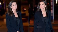 Composite of two pictures of Queen Letizia of Spain wearing a black Mango tuxedo suit and slingback heels to "Francisco Cerecedo" Journalism Awards