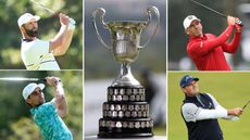 The Open de Espana trophy and Jon Rahm, Joaquin Niemann, Sergio Garcia and Patrick Reed all holding their finish on iron shots