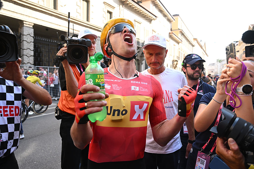 MILAN, ITALY - MAY 24: Stage winner Fredrik Dversnes Lavik of Norway and Team Uno-X Mobility reacts after the 109th Giro d&amp;amp;apos;Italia 2026, Stage 15 a 157km stage from Voghera to Milan / #UCIWT / on May 24, 2026 in Milan, Italy. (Photo by Dario Belingheri/Getty Images)