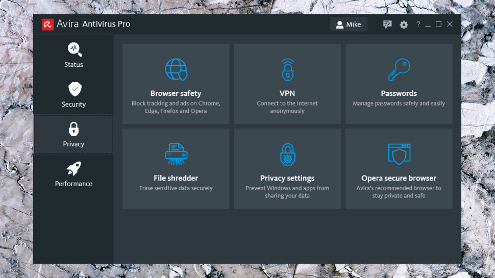Avira antivirus provacy tools listed on its dashboard