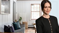 picture of white cabin style home with colourful soft furnishings and cut out of sarah paulson
