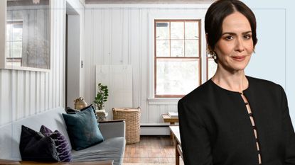 picture of white cabin style home with colourful soft furnishings and cut out of sarah paulson