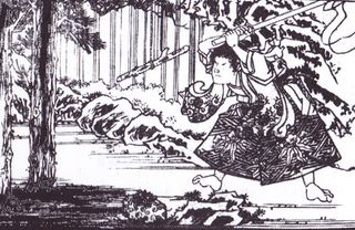 An illustration in a version of the Sword Scroll that is found in the Japanese book "Solo Kendo." One researcher says that the illustration may show a Tengu, a type of spirit, teaching a 12th-century samurai named "Minamoto no Yoshitsune" how to swordfight.