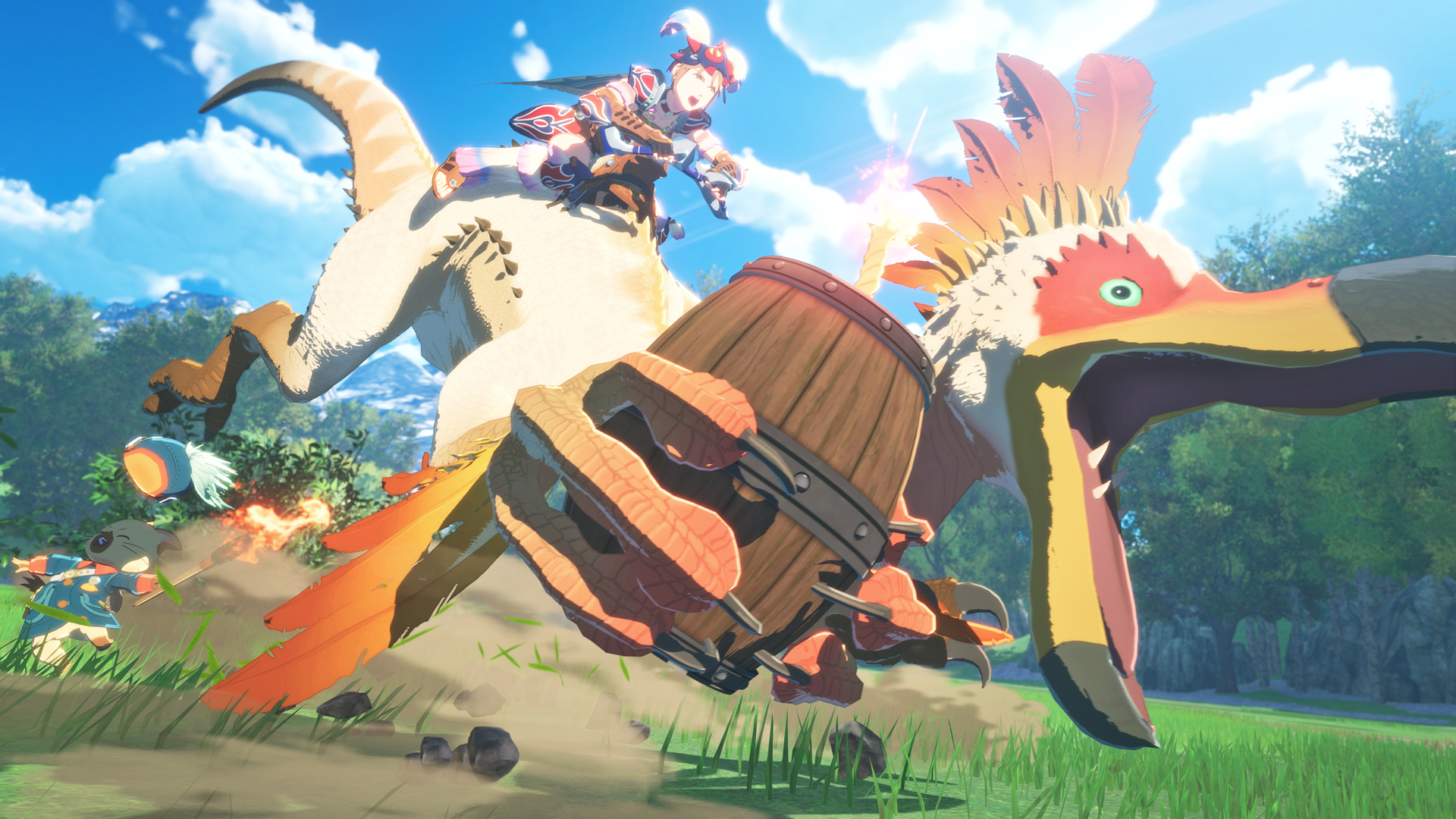 Using a monster to attack with a barrel as a Mahana Rider in Monster Hunter Stories 3: Twisted Reflection