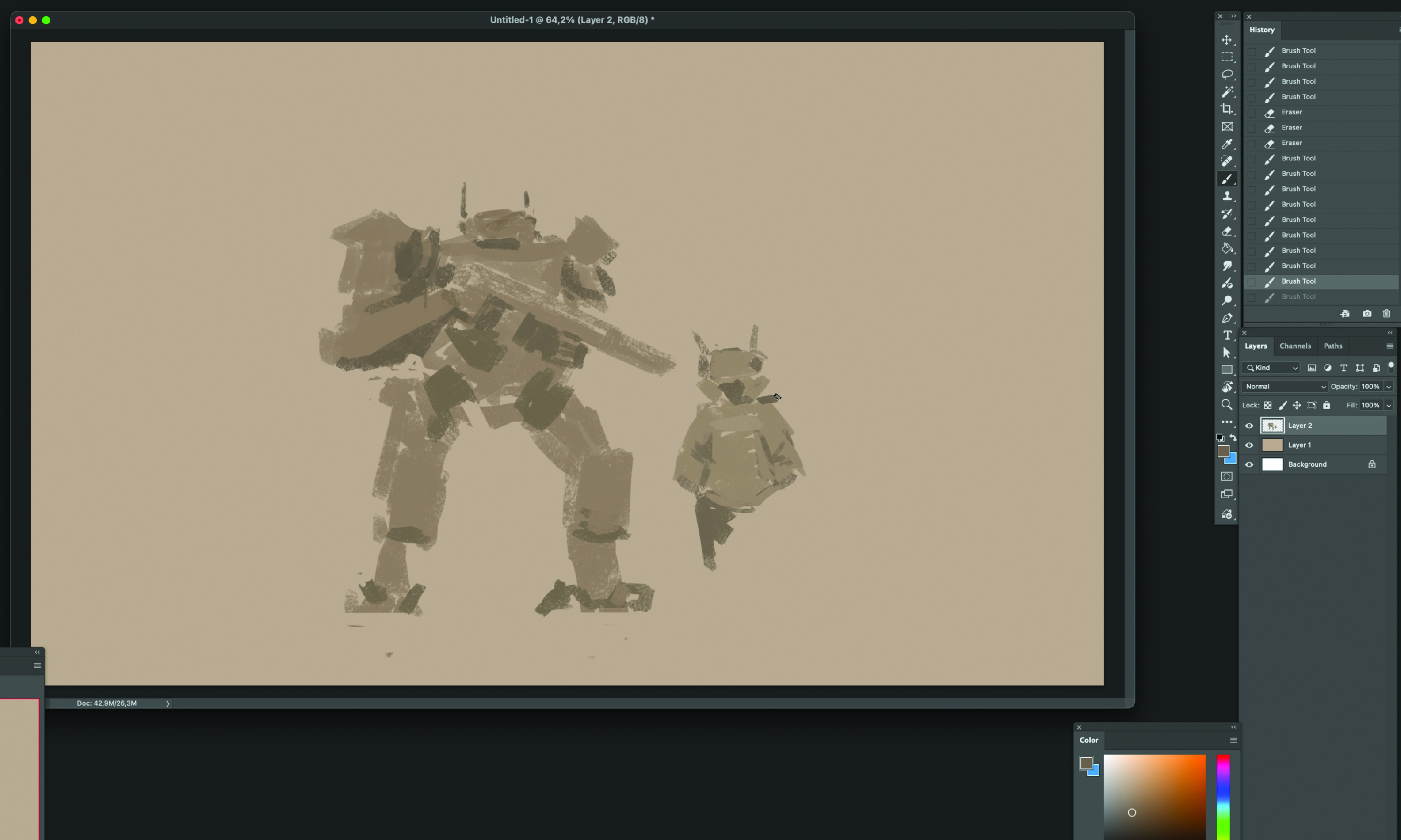 Part of the process of creating concept art with a robot character