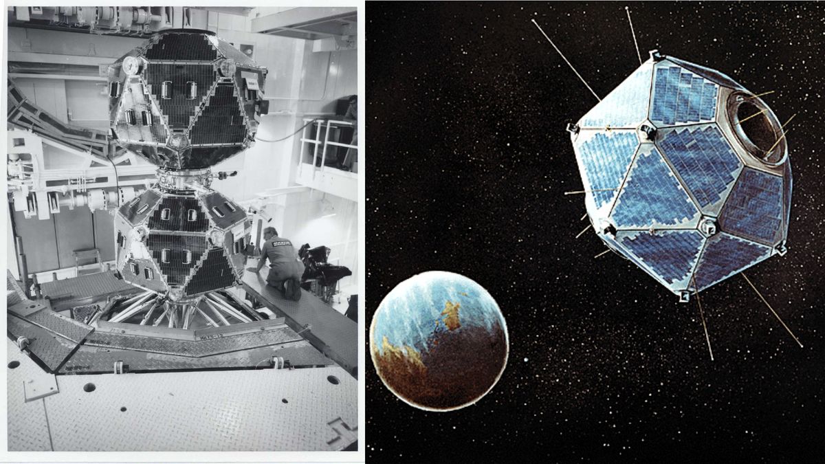 a dodecahedron-shaped satellite in a clean room; and an illustration of the same satellite in orbit above earth