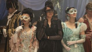 Bridgerton. (L to R) Michelle Mao as Rosamund Li, Katie Leung as Lady Araminta Gao, Isabella Wei as Posy Li in episode 401 of Bridgerton. Cr. Liam Daniel/Netflix &copy; 2025