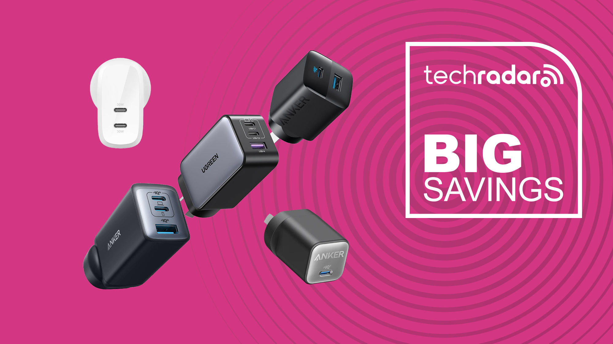 Anker, Ugreen and Belkin USB-C chargers with a TechRadar logo and Big Savings text in white
