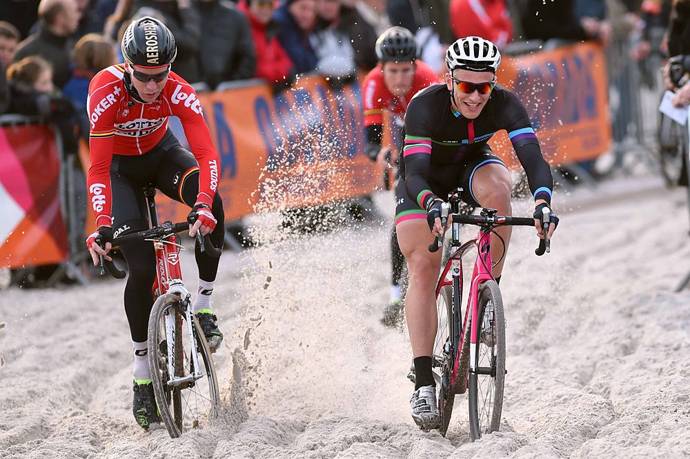 Marcel Kittel (Ger) and Marcel Sieberg (Ger) go head-to-head through the sand pit