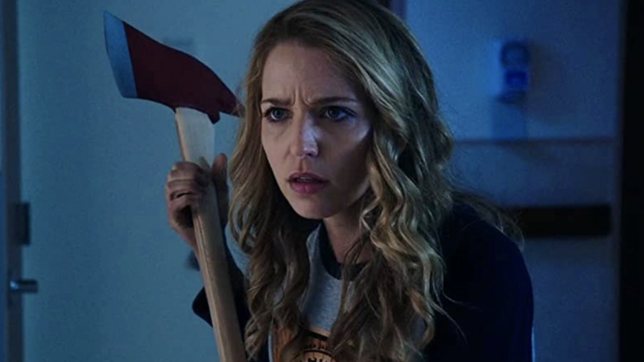 Jessica Rothe in Happy Death Day with an axe