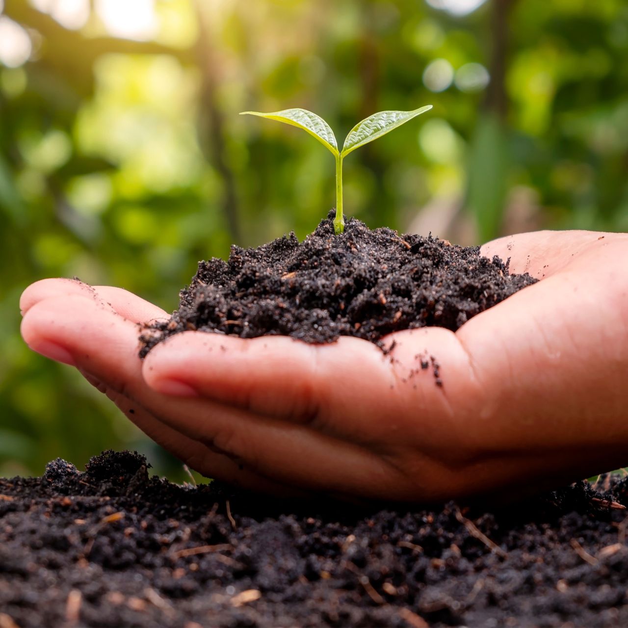 hand holding soil with seedling in garden