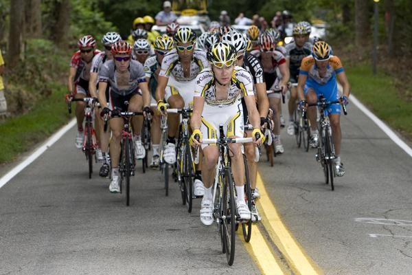 Craig Lewis (Columbia-HTC) keeping watch over the field with teammate George Hincapie behind.