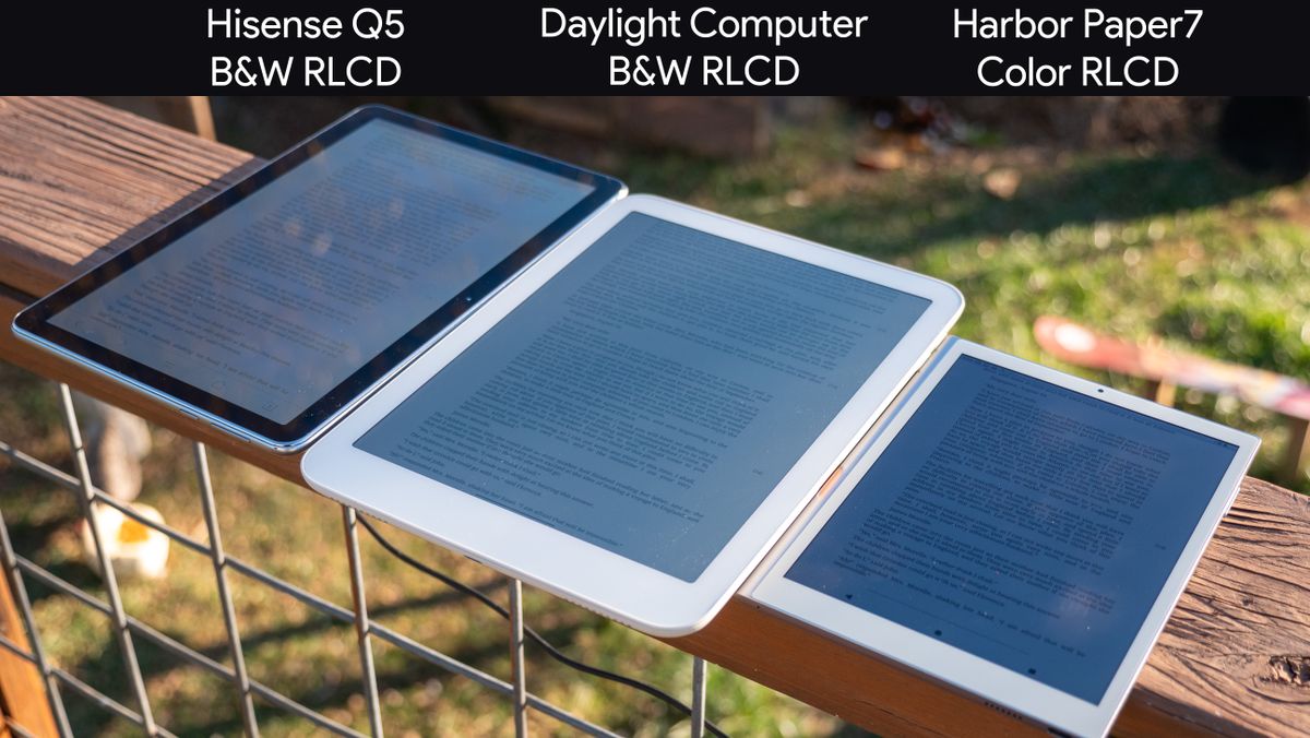 Comparing RLCD tablets' daylight viewability from different angles between the Hisense Q5, Daylight Computer, and Harbor Paper 7