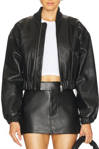 Cropped Leather Bomber Jacket