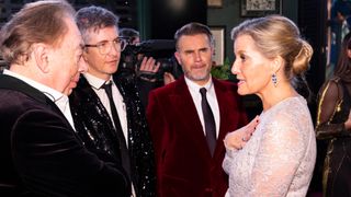 Sophie, Countess of Wessex, meets (L-R) Andrew Lloyd Webber, Gareth Malone and Gary Barlow, at the Royal Variety Performance at the Royal Albert Hall on December 1, 2022 in London, England.