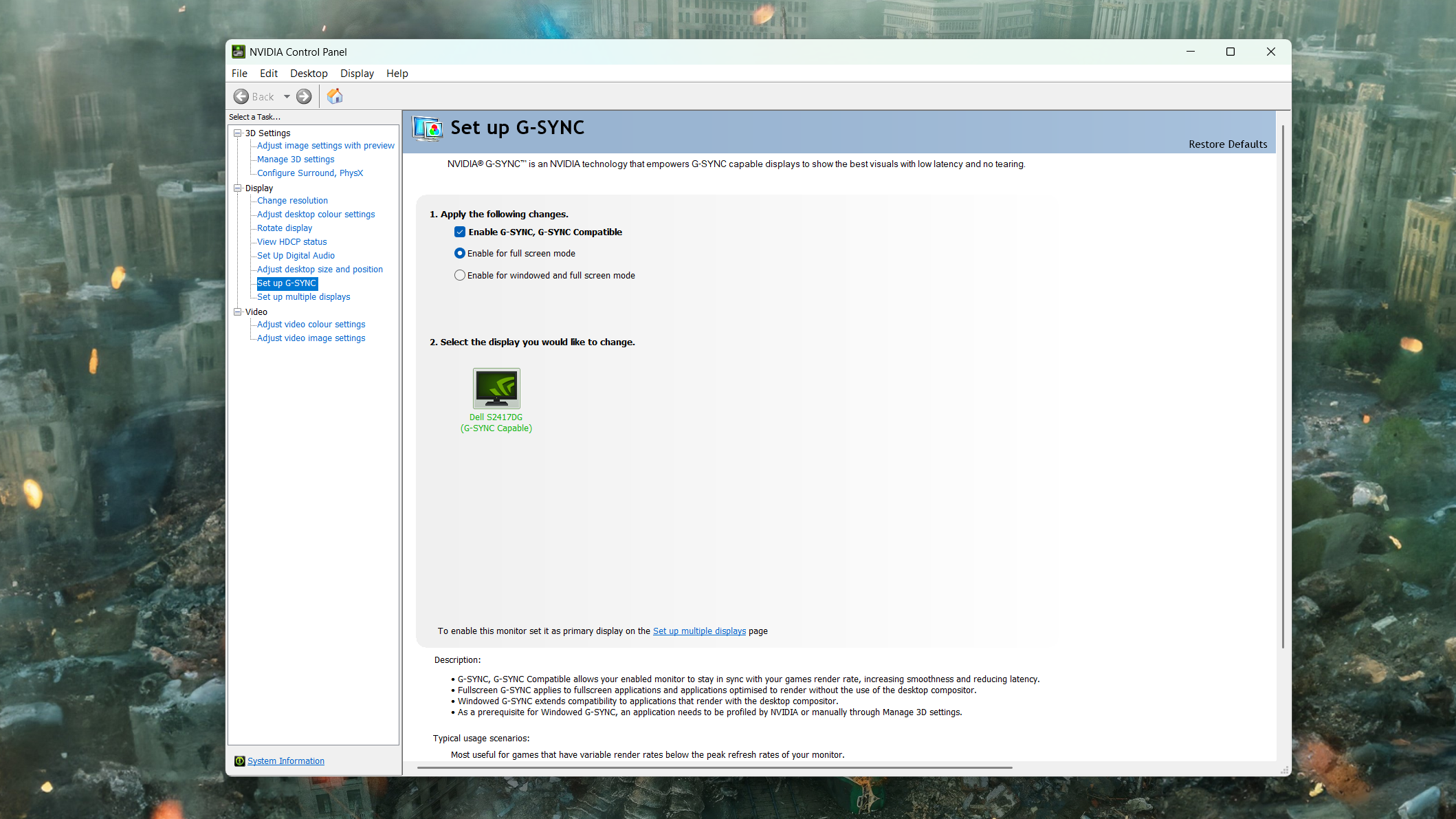 A screenshot of the NVIDIA Control Panel app showing G-Sync setup settings.