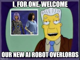 An edit of the "I, for one, welcome our new robot overlords" joke from the Simpsons to show a picture-in-picture photo of the AI robots from the bizarre UN press conference.