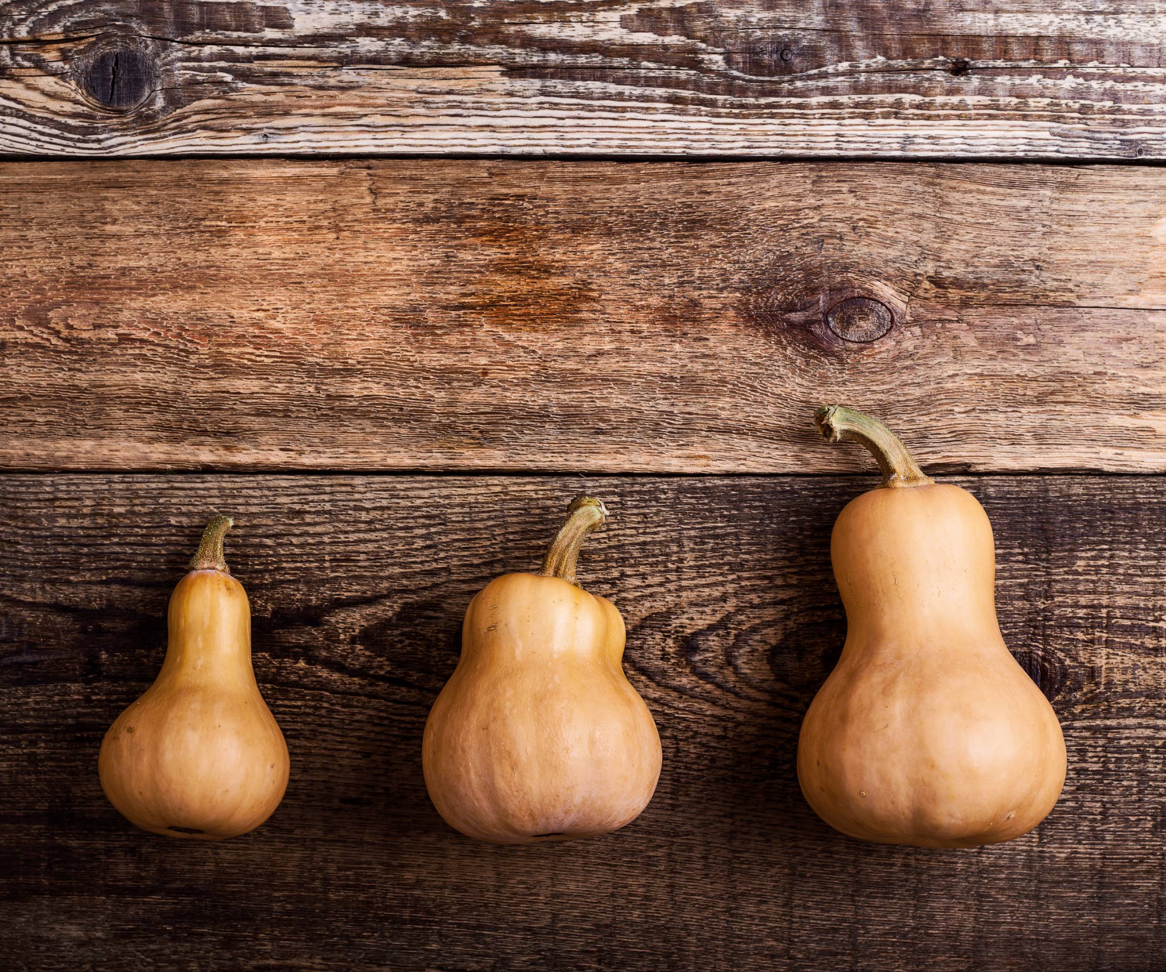 three butternut squashes on a wooden background