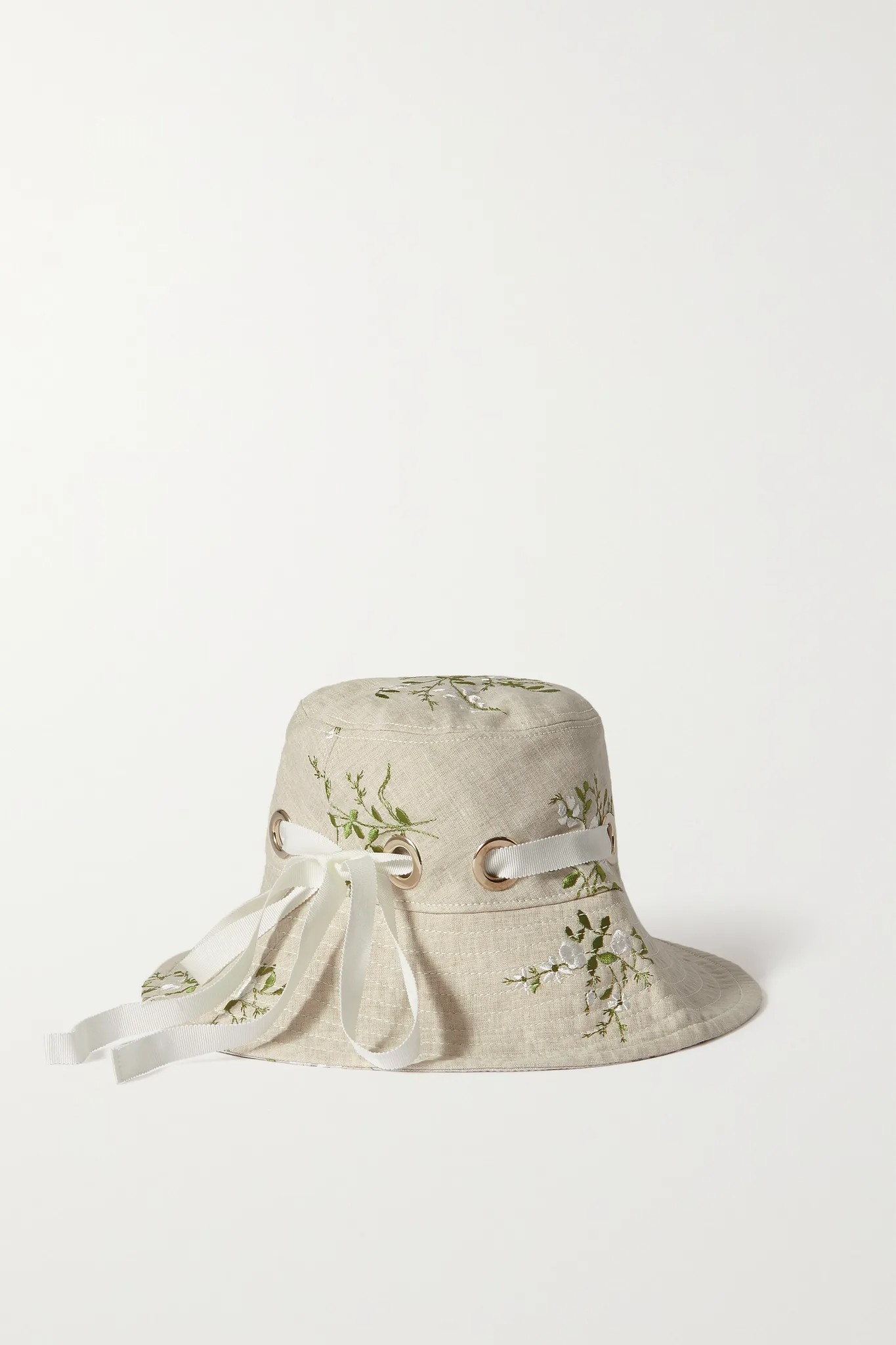 Erdem Grosgrain-Trimmed Embroidered Linen-Blend Canvas Bucket Hat