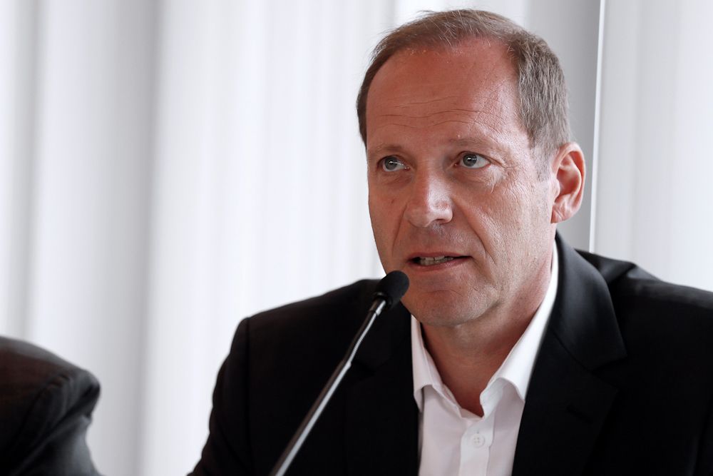 Tour de France race director Christian Prudhomme looks on during a press conference on mechanical fraud, in Paris, on June 27, 2016