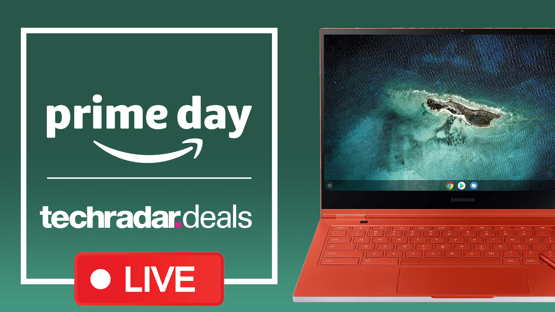 A laptop on a green background with TechRadar's Prime Day logo on the side