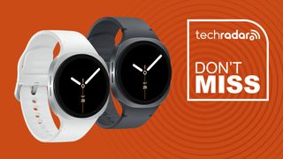 Samsung Galaxy Watch 8 in silver and graphite with white and gray bands on orange background with TechRadar don't miss sign