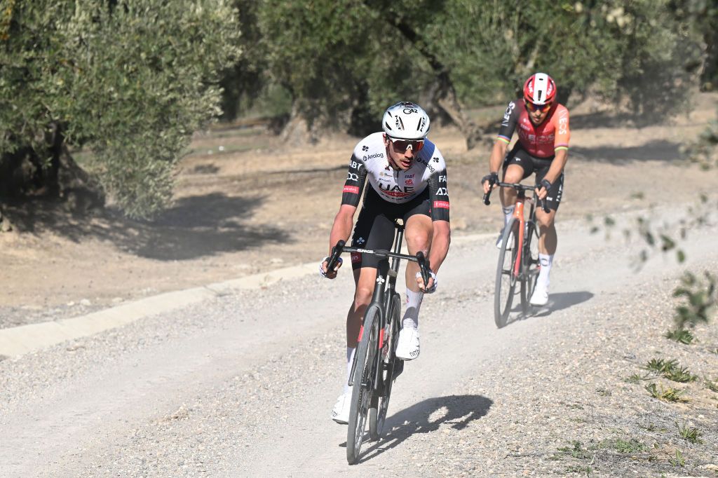 UBEDA SPAIN FEBRUARY 17 Brandon McNulty of The United States and UAE Team Emirates XRG leads the breakaway passing through a gravel strokes sector during the 4th Clasica Jaen Paraiso Interior 2025 a 1692km one day race from Ubeda to Ubeda on February 17 2025 in Ubeda Spain Photo by Tim de WaeleGetty Images