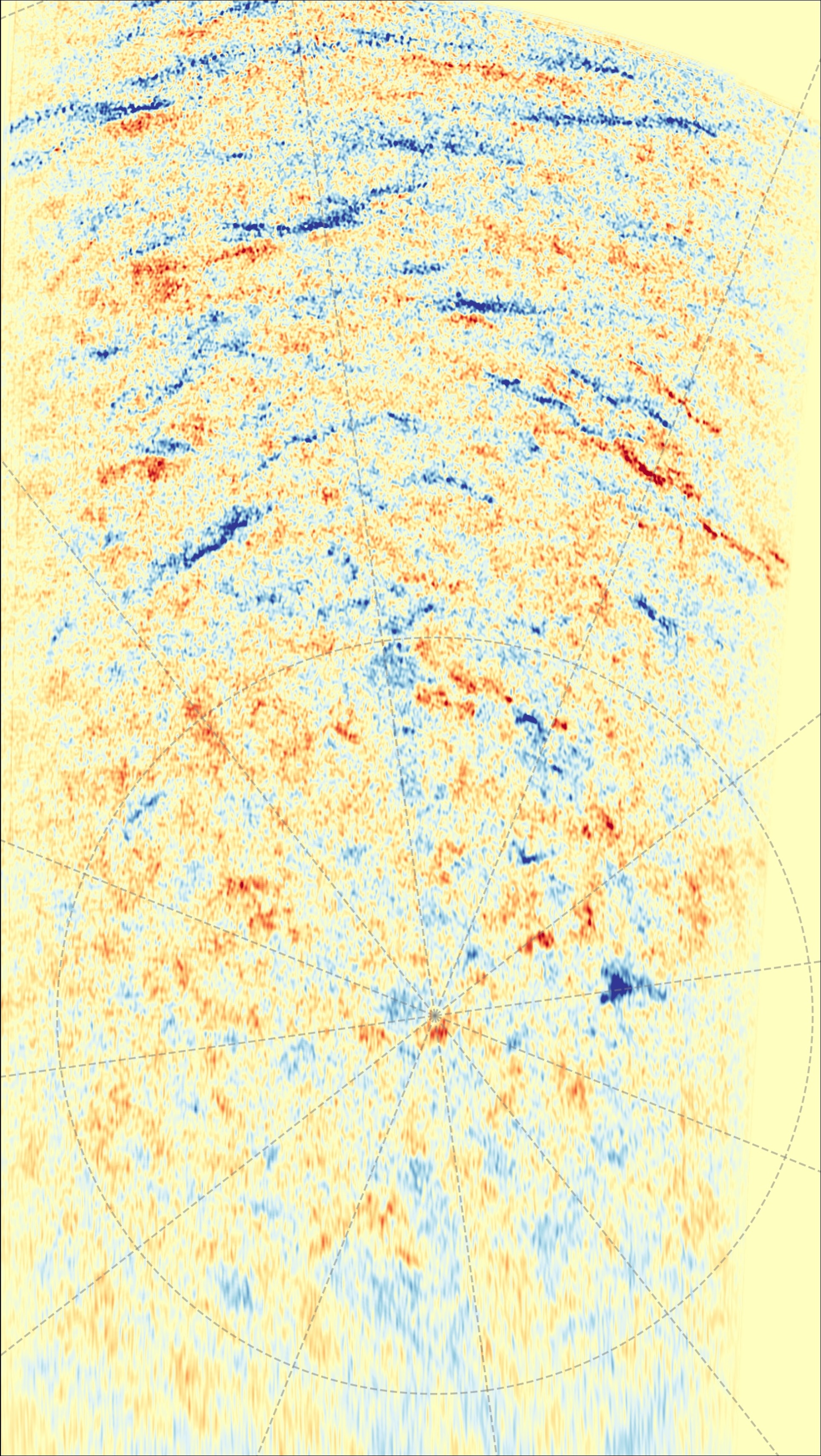a map of the Sun's south pole showing blue and orange splotches against a yellow background