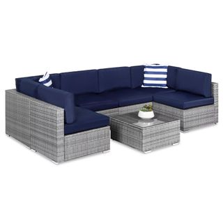 A Best Choice Products Modular Outdoor Sofa - a gray polyrattan sofa set with blue cushions