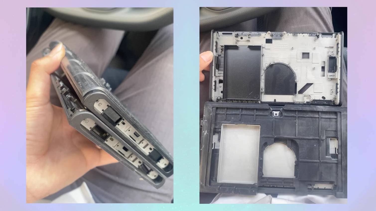 Alleged Nintendo Switch 2 OLED prototype frames on colored background