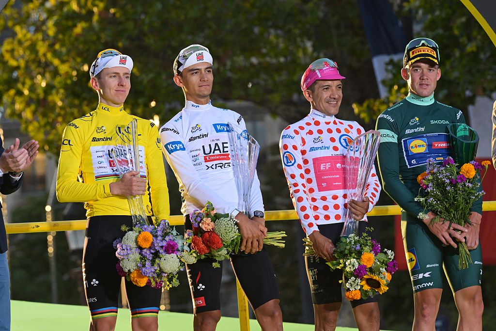 Classification jersey winners from the 2026 Tour de France (L to R): GC winner Tadej Poga&amp;#269;ar of UAE Team Emirates-XRG, youth winner Isaac del Toro of UAE Team Emirates-XRG, mountains winner Richard Carapaz of EF Education-EasyPost and points winner Mads Pedersen of Lidl-Trek