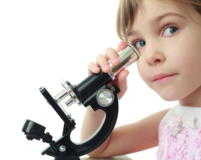 A young girl looks through a microscope.