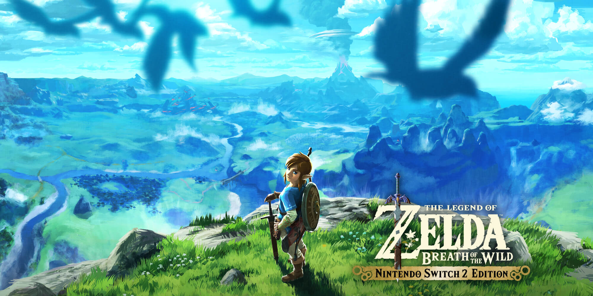 Link from The Legend of Zelda looking over a grassy horizon with the Breath of the Wild logo in the bottom right corner