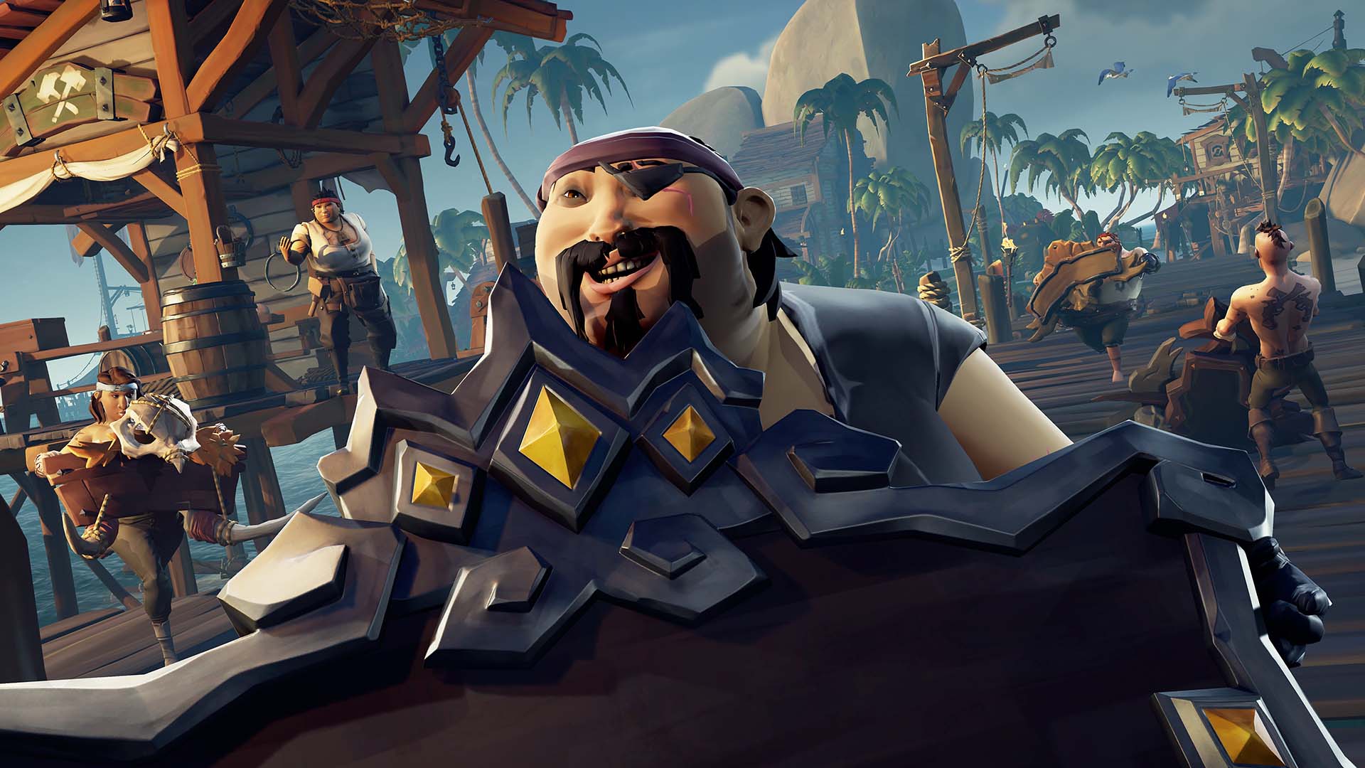A chunky pirate with a goatee surrounded by friends in Sea of Thieves