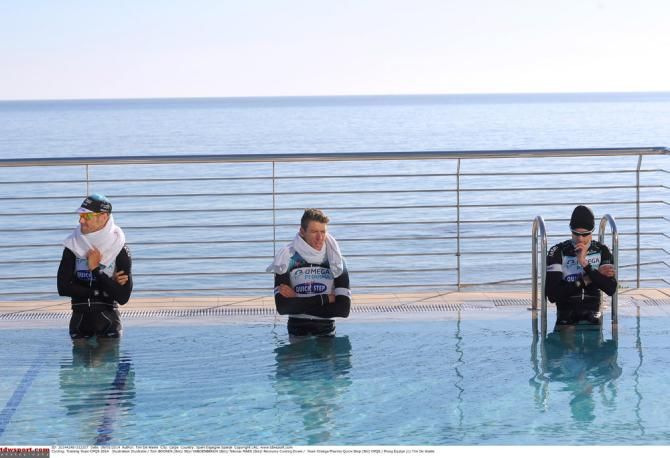 Tom Boonen, Stijn Vandenbergh and Nikolas Maes have some recovery time in the pool at the team's Calpe training camp