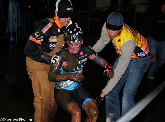 Caroline Mani (Ralegh Clement) crashed out of the race on the first muddy turn after contact with another rider