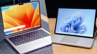 Microsoft Surface Laptop Studio 2 vs MacBook Pro M2 compositional image showing the two laptops side by side